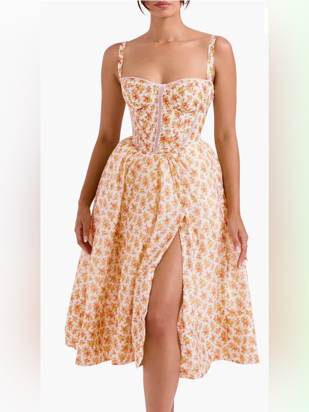 House of CB Floral Bustier Midi Dress in Cream and Peach